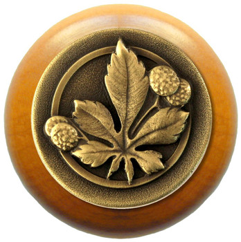 Notting Hill, Woodland, Horse Chestnut, 1 1/2" Round Wood Knob, Antique Brass with Maple Wood Finish