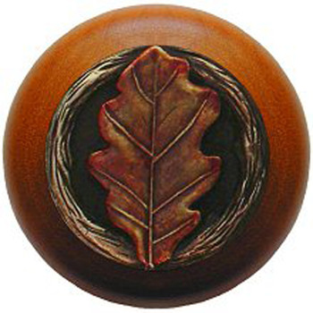 Notting Hill, Woodland, Oak Leaf, 1 1/2" Round Wood Knob, Hand-Tinted Antique Brass with Cherry Wood Finish