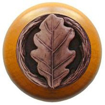 Notting Hill, Woodland, Oak Leaf, 1 1/2" Round Wood Knob, Antique Copper with Maple Wood Finish