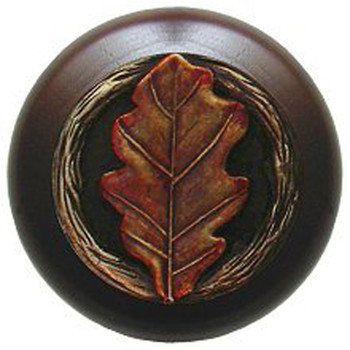 Notting Hill, Woodland, Oak Leaf, 1 1/2" Round Wood Knob, Hand-Tinted Antique Brass with Dark Walnut Wood Finish