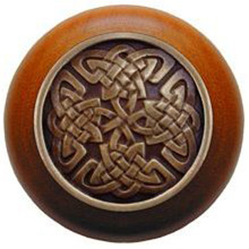 Notting Hill, Arts and Crafts Celtic, Celtic Isles, 1 1/2" Round Wood Knob, Antique Brass with Cherry Wood Finish