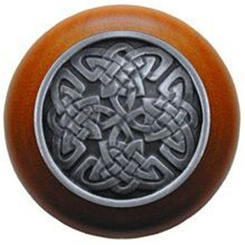 Notting Hill, Arts and Crafts Celtic, Celtic Isles, 1 1/2" Round Wood Knob, Antique Pewter with Cherry Wood Finish