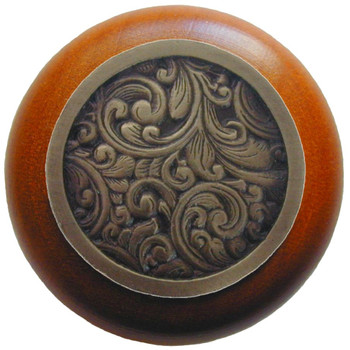 Notting Hill, Classic, Saddleworth, 1 1/2" Round Wood Knob, Antique Brass with Cherry Wood Finish