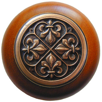 Notting Hill, Chateau, Fleur-de-Lis, 1 1/2" Round Wood Knob, Antique Copper with Cherry Wood Finish