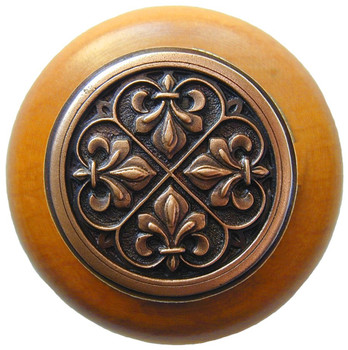 Notting Hill, Chateau, Fleur-de-Lis, 1 1/2" Round Wood Knob, Antique Copper with Maple Wood Finish