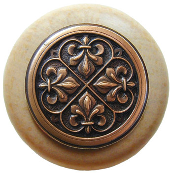 Notting Hill, Chateau, Fleur-de-Lis, 1 1/2" Round Wood Knob, Antique Copper with Natural Wood Finish