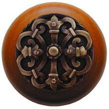 Notting Hill, Chateau, 1 1/2" Round Wood Knob, Antique Brass with Cherry Wood Finish