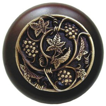 Notting Hill, Tuscan, Grapevines, 1 1/2" Round Wood Knob, Antique Brass with Dark Walnut Wood Finish