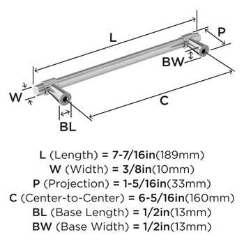 Amerock, Destine, 6 5/16" (160mm) Bar Pull, Polished Chrome- technical