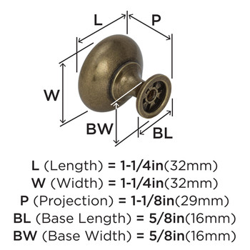 Amerock, Edona, 1 1/4" Round Knob, Burnished Brass - technical