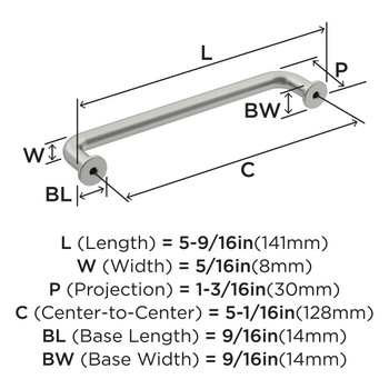 Amerock, Factor, 5 1/16" (128mm) Straight Pull, Satin Nickel - technical