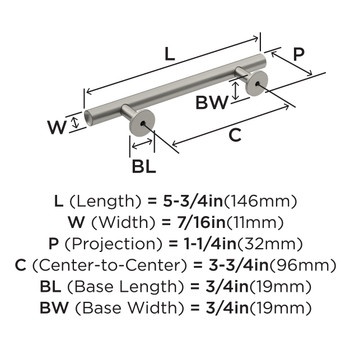 Amerock, Radius, 3 3/4" (96mm) Bar Pull, Satin Nickel - technical