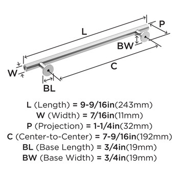 Amerock, Radius, 7 9/16" (192mm) Bar Pull, Polished Chrome - technical