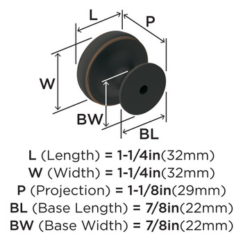 Amerock, Renown, 1 1/4" Round Knob, Oil Rubbed Bronze - technical