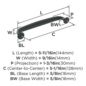 Amerock, Renown, 5 1/16" (128mm) Curved Pull, Matte Black - technical