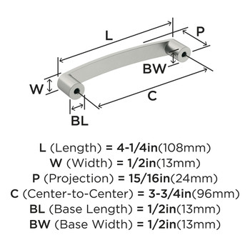 Amerock, Everyday Basics, Rift, 3 3/4" (96mm) Curved Pull, Satin Nickel - technical