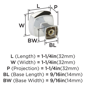 Amerock, Stature, 1 1/4" Square Knob, Polished Chrome - technical