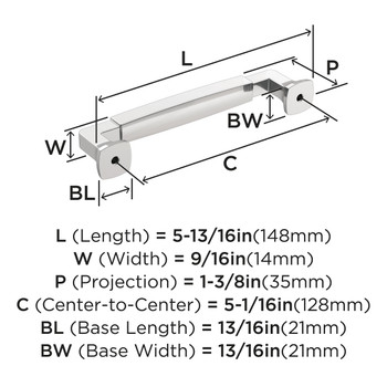 Amerock, Stature, 3 3/4" (96mm) Straight Pull, Polished Chrome - technical