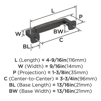 Amerock, Stature, 3 3/4" (96mm) Straight Pull, Oil Rubbed Bronze - technical