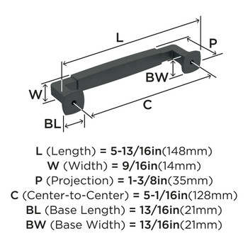 Amerock, Stature, 5 1/16" (128mm) Straight Pull, Matte Black - technical