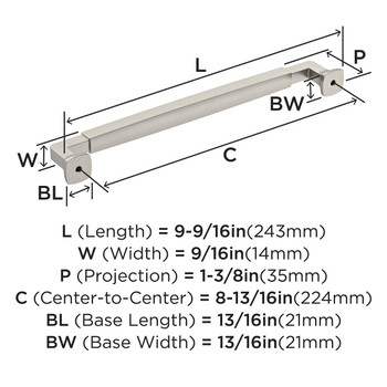 Amerock, Stature, 8 13/16" (224mm) Straight Pull, Satin Nickel - technical