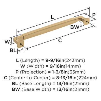 Amerock, Stature, 8 13/16" (224mm) Straight Pull, Champagne Bronze - technical