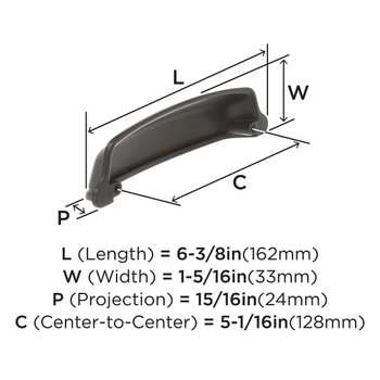 Amerock, Stature, 5 1/16" (128mm) Cup Pull, Matte Black - technical