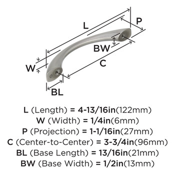 Amerock, Everyday Basics, Vaile, 3 3/4" (96mm) Curved Pull, Satin Nickel - technical