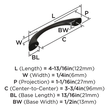 Amerock, Everyday Basics, Vaile, 3 3/4" (96mm) Curved Pull, Matte Black - technical