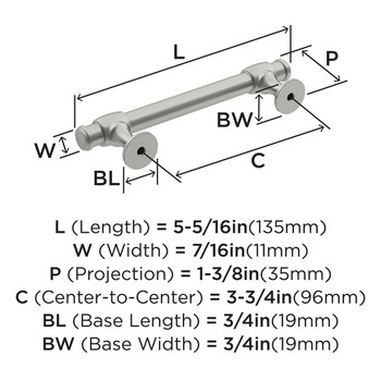 Amerock, Winsome, 3 3/4" (96mm) Bar Pull, Satin Nickel - technical