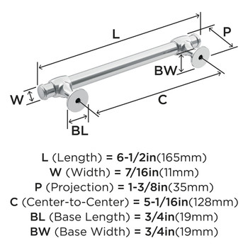 Amerock, Winsome, 5 1/16" (128mm) Bar Pull, Polished Chrome - technical