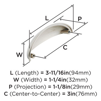 Amerock, Everyday Basics, Ravino, 3" Cup Pull, Satin Nickel - technical