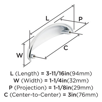Amerock, Everyday Basics, Ravino, 3" Cup Pull, Polished Chrome - technical