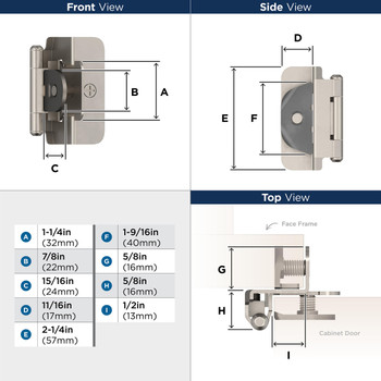 Amerock, Hinge, Double Demountable, 1/2" Overlay, Pair, Satin Nickel - technical