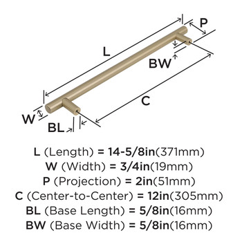 Amerock, Bar Pulls, 12" (305mm) Appliance Pull, Golden Champagne - technical