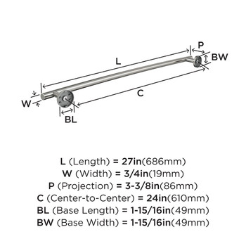 Amerock, Arrondi, 24" Towel Bar, Stainless Steel - technical