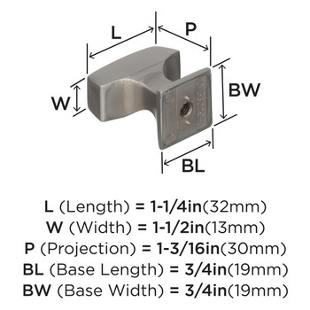 Amerock, Mulholland, 1 1/4" Rectangle Knob, Satin Nickel - technical