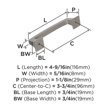 Amerock, Mulholland, 3 3/4"(96mm) Straight Pull, Satin Nickel - technical