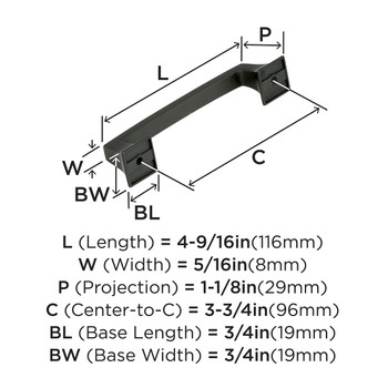 Amerock, Mulholland, 3 3/4" (96mm) Straight Pull, Black Bronze - technical