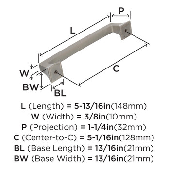 Amerock, Mulholland, 5 1/16" (128mm) Straight Pull, Satin Nickel - technical