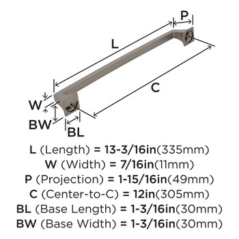 Amerock, Mulholland, 12" (305mm) Appliance Pull, Satin Nickel - technical