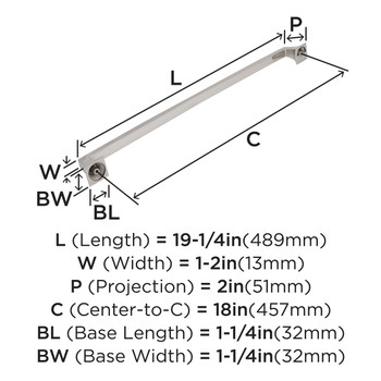 Amerock, Mulholland, 18" Appliance Pull, Polished Nickel - technical