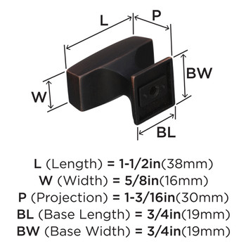 Amerock, Mulholland, 1 1/2" Rectangle Knob, Oil Rubbed Bronze - technical