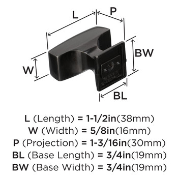 Amerock, Mulholland, 1 1/2" Rectangle Knob, Gunmetal - technical