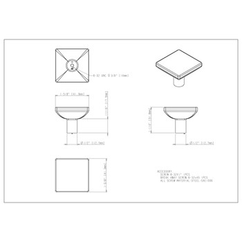 Elements, Walker 1, 1 5/8" Square Knob, Brushed Gold - technical