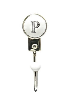 Buck Snort Lodge, Hooks, White Porcelain Letter P, 5" Wall Hook, Shiny Nickel