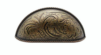 Buck Snort Lodge, Western, 3" Engraved Flower Cup Pull, Brass Oxidized