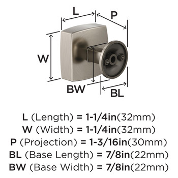 Amerock, Everett, 1 1/4" (32mm) Square Knob, Satin Nickel - technical