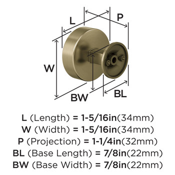 Amerock, Everett, 1 5/16" (33mm) Round Knob, Golden Champagne - technical