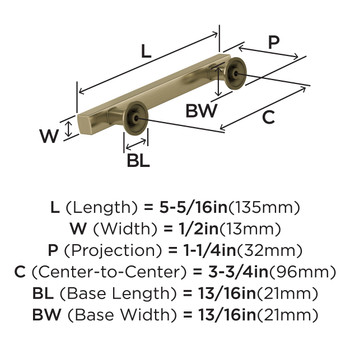 Amerock, Everett, 3 3/4" (96mm) Bar Pull, Golden Champagne - technical